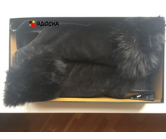 Ботфорты сапоги новые ferre италия 39 размер черные замша мех енот на потформе 2 см каблук 11 см
